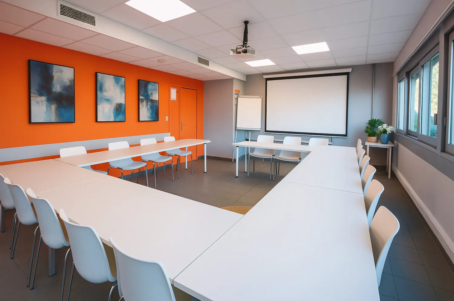 Pic Saint-Loup conference room set up for training, projector screen and orange feature wall at L'Espace Entreprise Montpellier